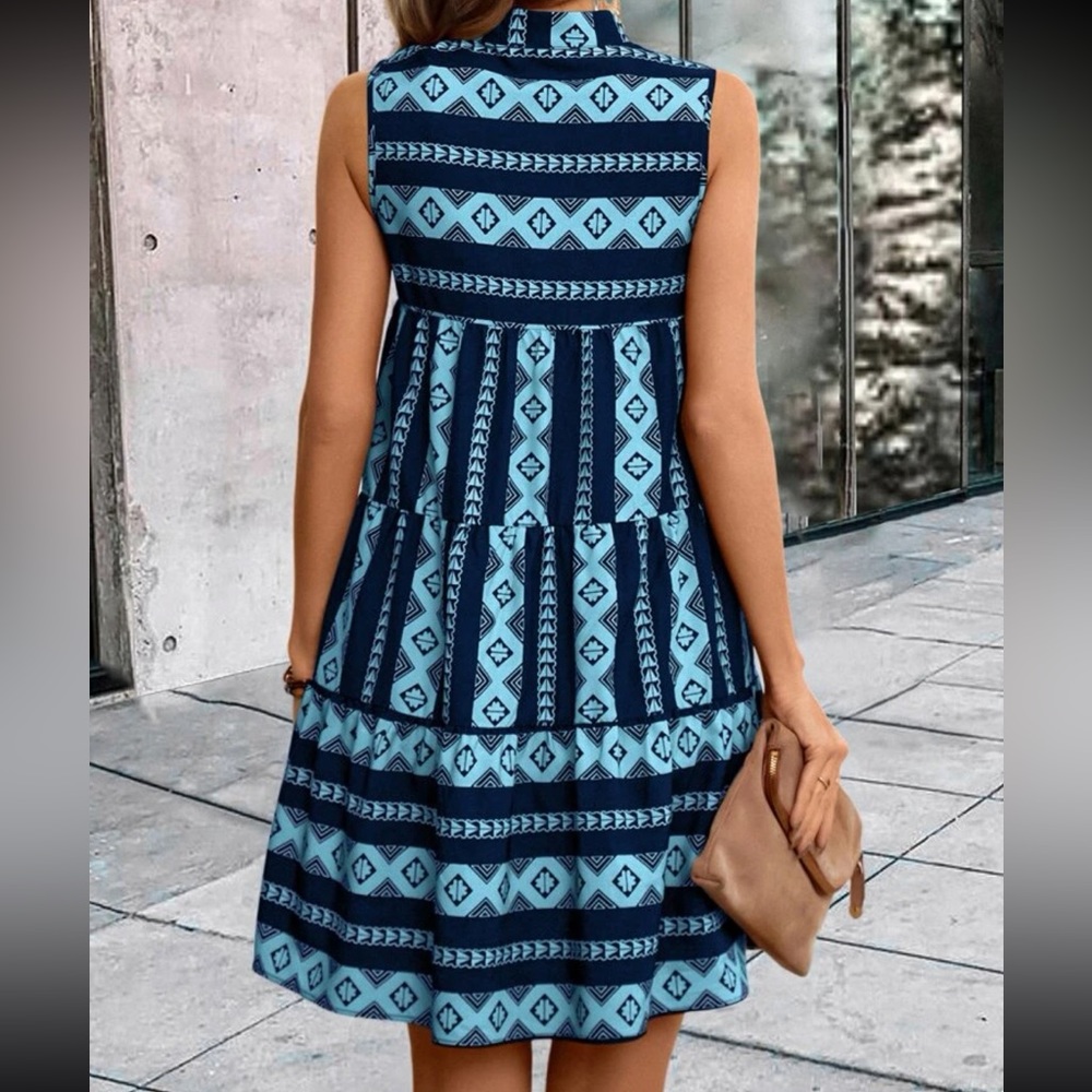 Boho Geometric Abstract Print Sleeveless Collar Dress - Picture 2 of 12